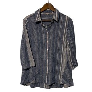 Soft Surroundings Livienne Button Down Linen Cotton Tunic Blue Stripe 3/4 Sleeve